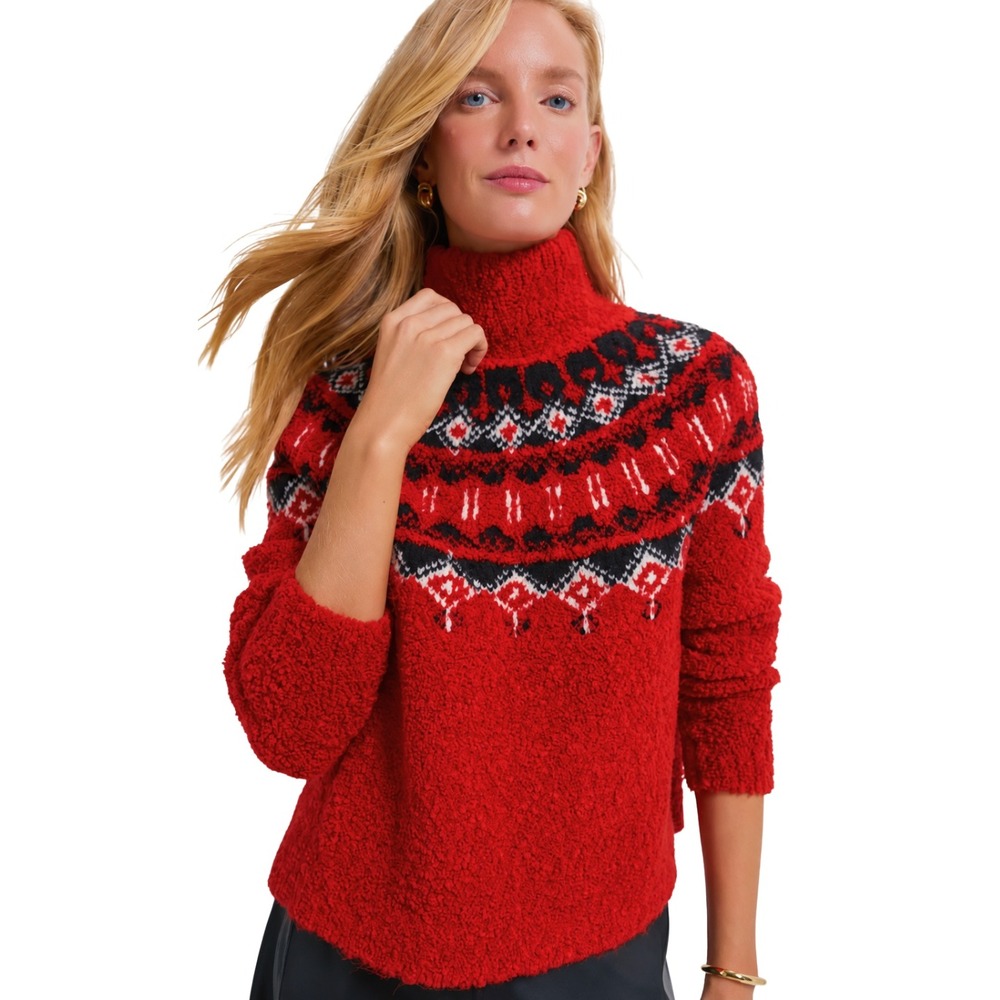 Tuckernuck Sweater Womens XS Red Fair Isle Boucle Turtleneck Relaxed Pullover
